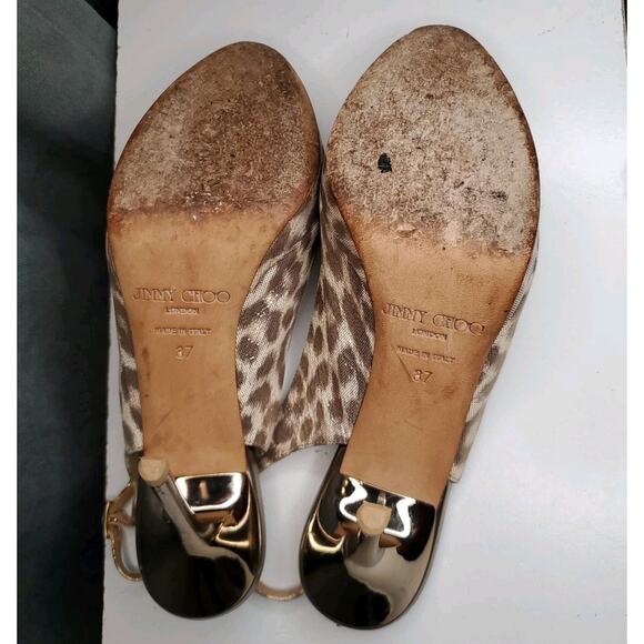 $695 JIMMY CHOO Nova Gold Leopard Shimmer Slingback Open Toe 4" Heels EU 37 US 7 - Picture 10 of 12